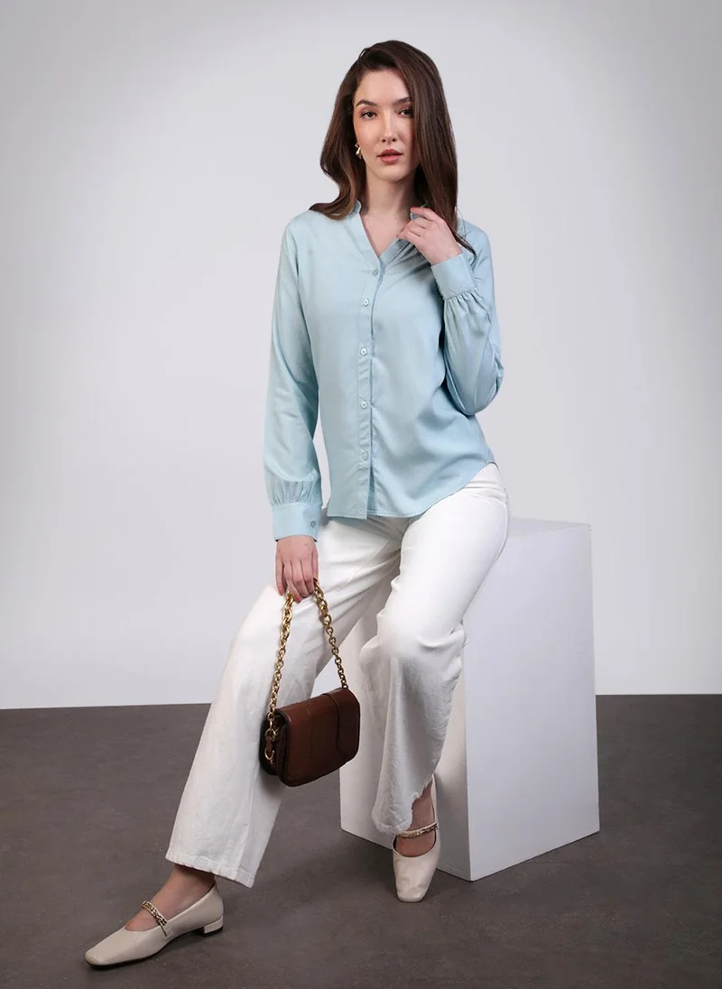Urbano Fashion  Urbano Fashion Women's Light Sky Blue Modal Viscose Full Sleeve Regular Fit Casual Solid Shirt with Mandarin Collar for Women | Best Price UAE